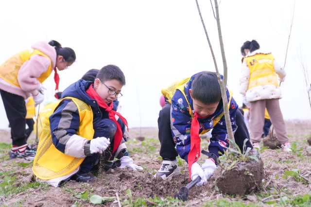 寧波慈溪學子在現(xiàn)代農(nóng)業(yè)生態(tài)產(chǎn)業(yè)園植樹 慈溪市學生成長指導中心供圖.jpg